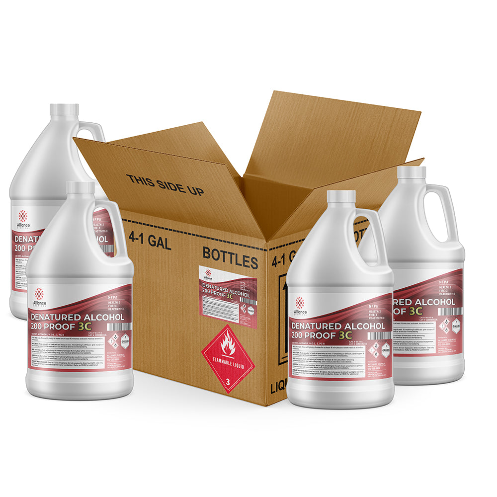 4x1-gallon denatured alcohol 200 proof 3C in HDPE containers with flammable liquid warning label, cardboard shipper box, industrial-grade.